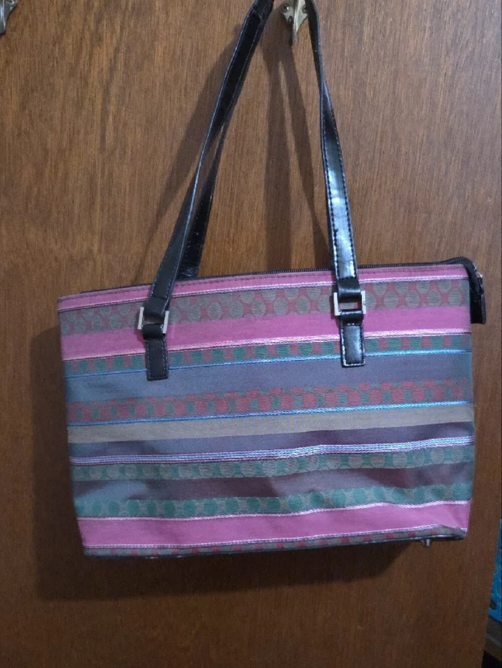 kate spade Pink and Green Striped Tote with Black Handles